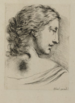 Frauenkopf mit zusammengebundenem Haar im Profil nach rechts