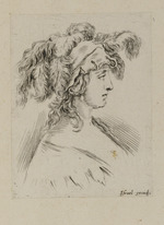 Frauenbüste mit Federhut im Profil nach rechts