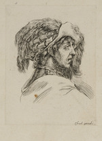 Büste eines Mannes mit Federhut im Profil nach rechts