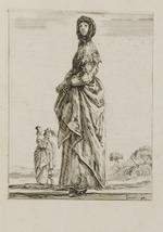 Nach links gewandte Dame mit Kopftuch, im Hintergrund spazierendes Paar