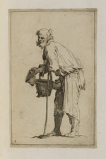 Alter Bettler mit Korb, auf einen Stab gestützt