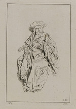 Sitzender Mann mit Schreibfeder in der rechten Hand