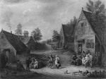 Tanzende und sich vergnügende Bauern auf einer Dorfstrasse