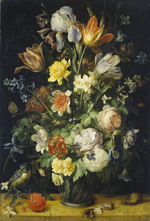 Blumenstillleben mit Blaumeise