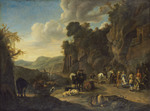 Italienische Landschaft mit rastenden und tanzenden Bauern vor einer Taverne