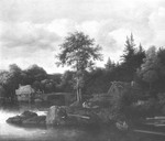 Flußufer mit Blockhäusern in Skandinavien