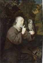 Alter Mann mit Eule auf der Hand