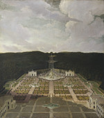 Blick von der Garten- und Grottenanlage am Fluß der Kaskaden zum Oktogon (Nr. 6)