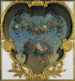 Ein Früchtefeston über einem Piedestal mit Blumen und einem rot-grünen Papagei