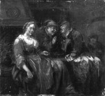 Herbergsszene mit zwei plaudernden Männern und Wirtin