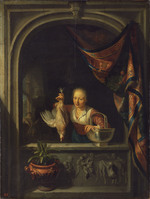 Mädchen mit Huhn im Fenster