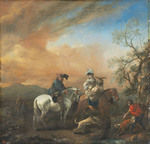 Jägerpaar an einem Brunnen